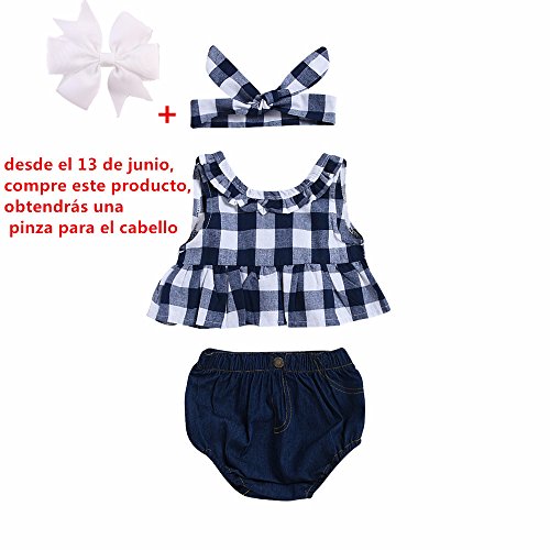 Fossen Ropa Bebe Niña Verano Recien Nacido Bebé Tops de Cuadros Y Caqueros Corto con Banda de Pelo (6 Meses, Azul Oscuro)