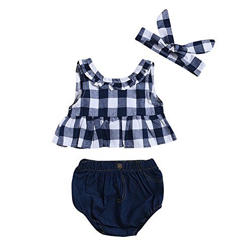 Fossen Ropa Bebe Niña Verano Recien Nacido Bebé Tops de Cuadros Y Caqueros Corto con Banda de Pelo (6 Meses, Azul Oscuro)