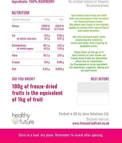 Frambuesas liofilizadas 100% naturales, sin gluten, sin azúcares añadidos, sin conservantes, merienda de fruta saludable (100g)