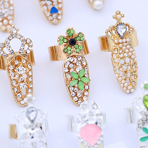 Frcolor Anillos de uñas, Crystal Bowknot Crown Flower Nail Art Charms Anillos de punta de clavo, 12 piezas