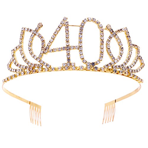 Frcolor Corona Cumpleaños 40 Años Diadema Cumpleaños Mujer Tiara Cristal con Peines (Oro)