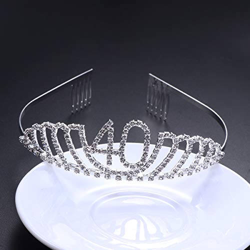 Frcolor Corona Cumpleaños 40 Años Diadema Cumpleaños Mujer Tiara Cristal con Peines (Plata)