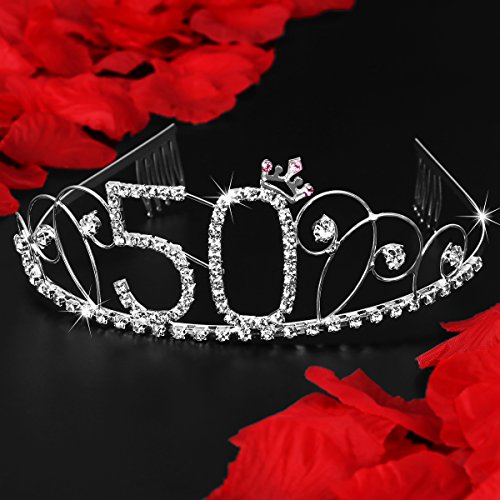 frcolor Corona para cumpleaños 50 años diadema diadema princesa mujer Tiara brillantes cristales con peine (Plata)