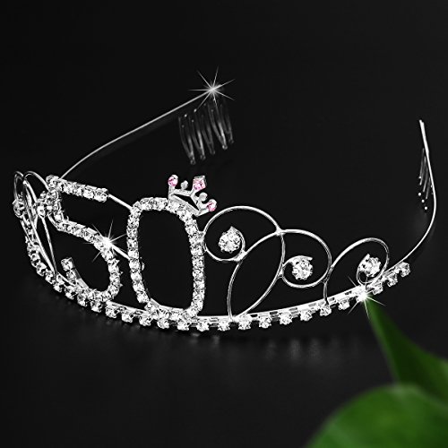 frcolor Corona para cumpleaños 50 años diadema diadema princesa mujer Tiara brillantes cristales con peine (Plata)