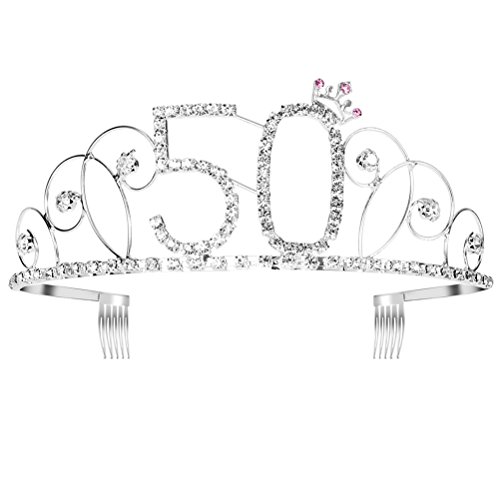 frcolor Corona para cumpleaños 50 años diadema diadema princesa mujer Tiara brillantes cristales con peine (Plata)