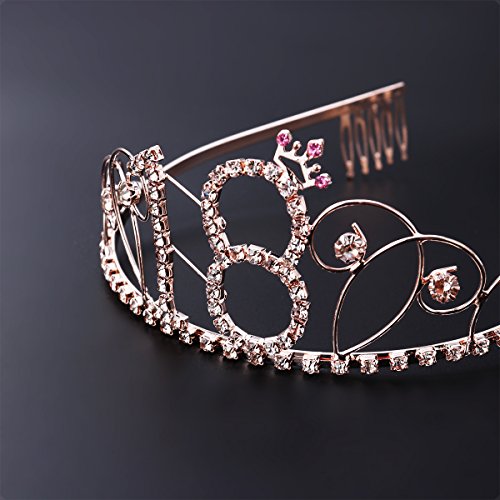 Frcolor Diadema de cumpleaños con corona de 18 años de Tiara de cumpleaños de cristal con peines (oro rosa)