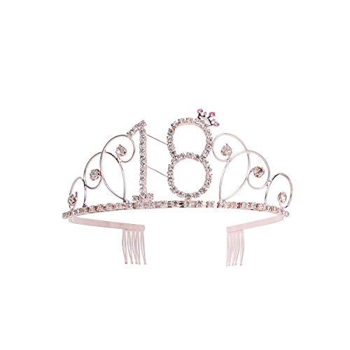 Frcolor Diadema de cumpleaños con corona de 18 años de Tiara de cumpleaños de cristal con peines (oro rosa)