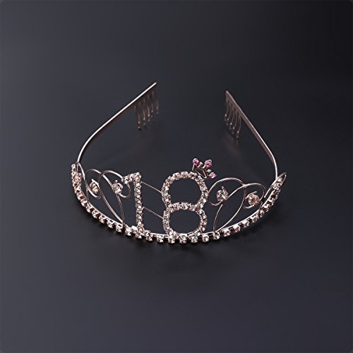 Frcolor Diadema de cumpleaños con corona de 18 años de Tiara de cumpleaños de cristal con peines (oro rosa)