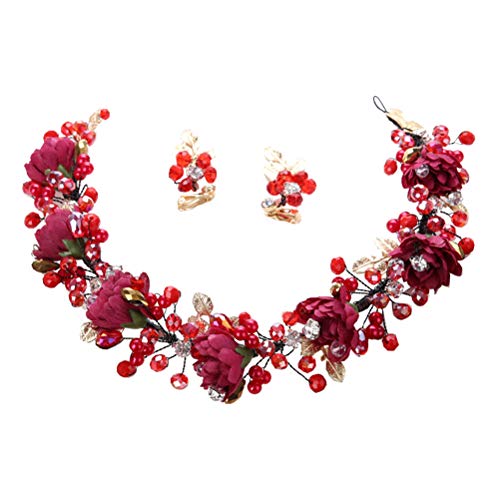 Frcolor Tiaras de novia con aretes Corona de boda Flores de cristal Diadema Sombreros Fiesta Tocado Joyería para el cabello para mujeres (rojo vino)