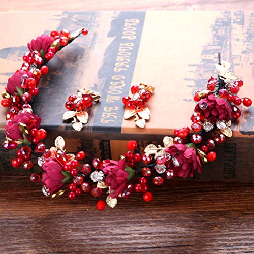 Frcolor Tiaras de novia con aretes Corona de boda Flores de cristal Diadema Sombreros Fiesta Tocado Joyería para el cabello para mujeres (rojo vino)