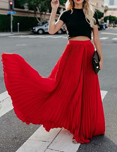 Frecoccialo Falda Plisada Mujer de Moda Larga Cintura Elástica Alta Eleganete Falda Maxi en Color Liso Falda Vintage (Rojo,XXL)