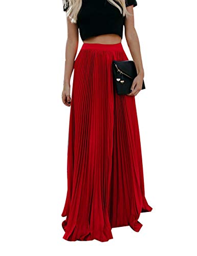 Frecoccialo Falda Plisada Mujer de Moda Larga Cintura Elástica Alta Eleganete Falda Maxi en Color Liso Falda Vintage (Rojo,XXL)