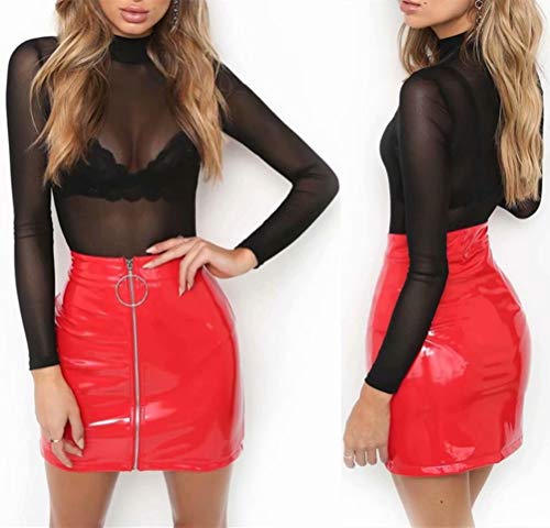 Frecoccialo Minifalda de Mujer con Cremallera Falda de Cuero Cintura Alta Lápiz Corto Elegante Moda PU Elegante para Fiesta Danza Casual Damas Wet Look Bodycon Clubwear