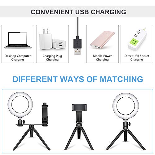 FREESOO Luz de Anillo de 6" con Trípode Soporte de Escritorio Regulable Luz LED para Cámara Mesa con 3 Modos de Luz 3200k-6500k 10 Niveles de Brillo USB para Móvil Youtube Selfie Video Maquillaje