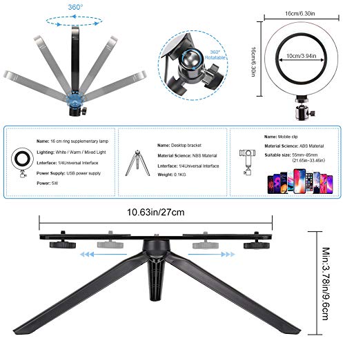 FREESOO Luz de Anillo de 6" con Trípode Soporte de Escritorio Regulable Luz LED para Cámara Mesa con 3 Modos de Luz 3200k-6500k 10 Niveles de Brillo USB para Móvil Youtube Selfie Video Maquillaje