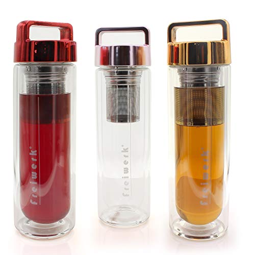 freiwerk® té Termo Botella Fabricante colador infusor Vidrio Doble Pared Tela de Neopreno Libre de BPA Tapa Gris Rosa metálico 400 ml