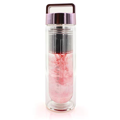 freiwerk® té Termo Botella Fabricante colador infusor Vidrio Doble Pared Tela de Neopreno Libre de BPA Tapa Gris Rosa metálico 400 ml