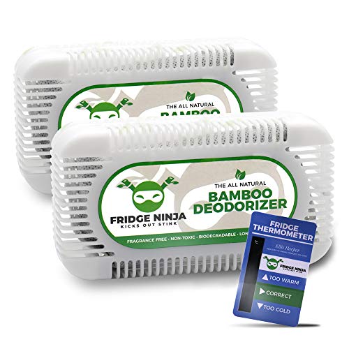 Fridge Ninja Eliminador de Olores para Nevera, Desodorizante y Ambientador para Bolsa de Almuerzo | Purificador de Aire Reutilizable Natural de Carbón Activado - 2 Paquetes + Termómetro para Nevera