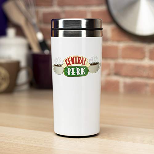 Friends Central Perk Taza de viaje | Taza de viaje reutilizable | Termo de café y té aislado | Fácil de limpiar | Mantiene las bebidas calientes | 450 ml de capacidad | a prueba de derrames y fugas