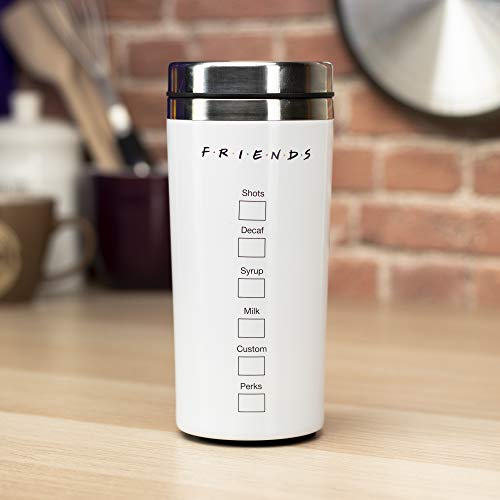 Friends Central Perk Taza de viaje | Taza de viaje reutilizable | Termo de café y té aislado | Fácil de limpiar | Mantiene las bebidas calientes | 450 ml de capacidad | a prueba de derrames y fugas