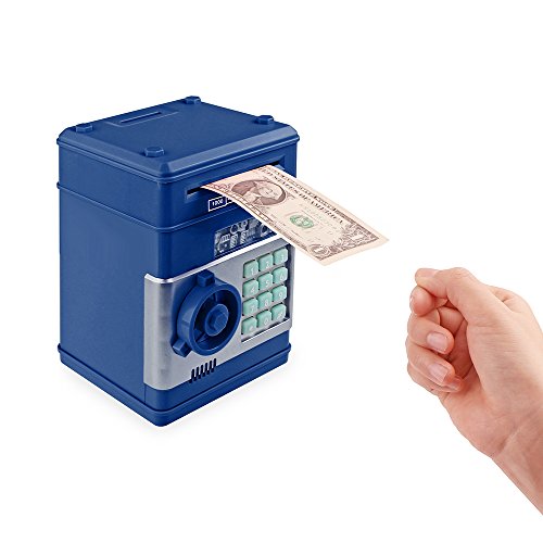 Frontoppy Hucha Contadora, Hucha Electrónica, contraseña, Cerdito, Hucha de Monedas, Juguetes de los Regalos para Niños con Sonido (Cajero automático-Azul)