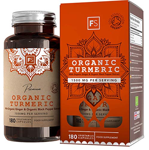 FS Curcuma en Capsulas con Jengibre y Pimienta Negra 1500mg | 180 Capsulas Veganas de Curcuma Organica | Turmeric Curcumin Certificado por Soil Association | Sin OGM, Gluten, Lacteos o Alergenos