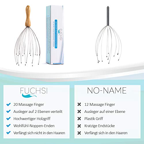 Fuchsi - Masajeador de cabeza, araña con 20 sensores, araña para una relajación perfecta, acabado de alta calidad con mango de madera, dispositivo de masaje de cabeza, relajante