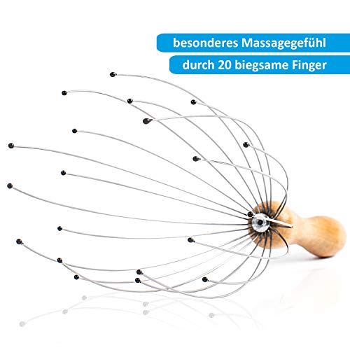 Fuchsi - Masajeador de cabeza, araña con 20 sensores, araña para una relajación perfecta, acabado de alta calidad con mango de madera, dispositivo de masaje de cabeza, relajante