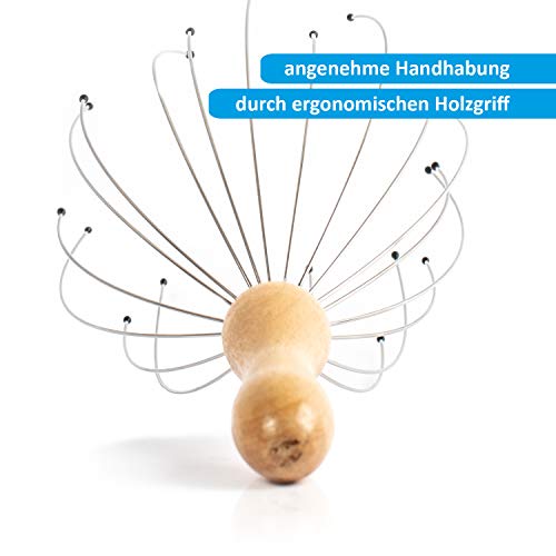 Fuchsi - Masajeador de cabeza, araña con 20 sensores, araña para una relajación perfecta, acabado de alta calidad con mango de madera, dispositivo de masaje de cabeza, relajante