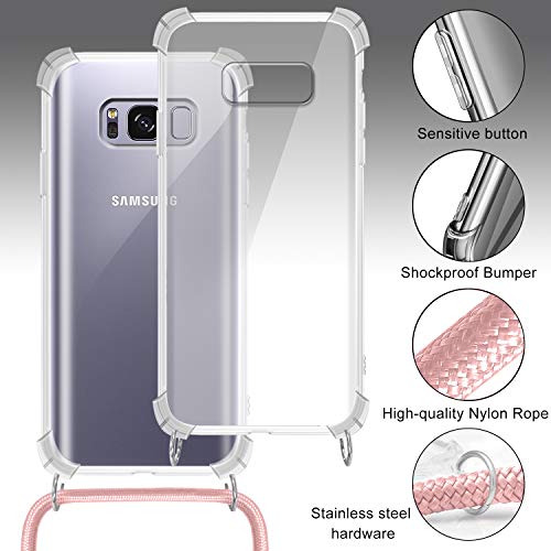 Funda con Cuerda para Samsung Galaxy S8 Plus, Carcasa Transparente TPU Suave Silicona Case con Correa Colgante Ajustable Collar Correa de Cuello Cadena Cordón para Samsung Galaxy S8 Plus - Oro Rosa