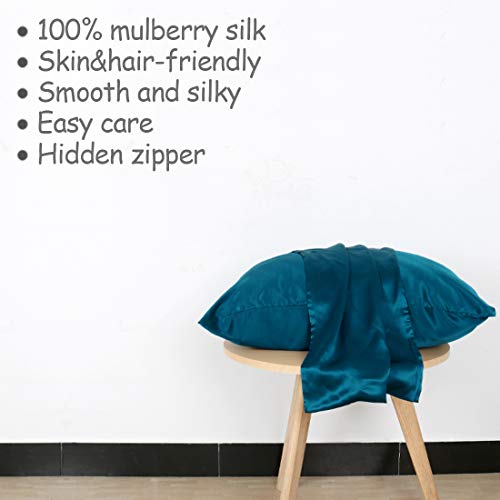 Funda de almohada de seda Charmeuse de morera pura 100% morera para cabello y piel, 19 momme 350 tc, tamaño de viaje, 36 x 51 cm, color azul pavo real (1 unidad)