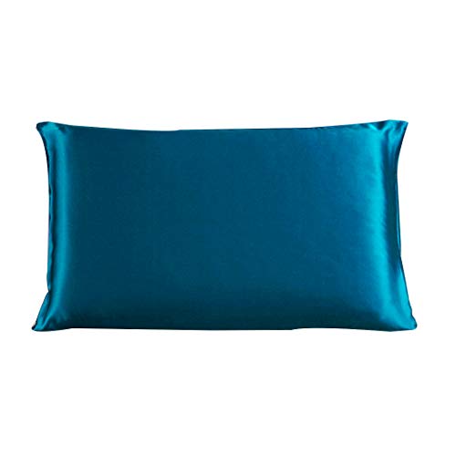 Funda de almohada de seda Charmeuse de morera pura 100% morera para cabello y piel, 19 momme 350 tc, tamaño de viaje, 36 x 51 cm, color azul pavo real (1 unidad)