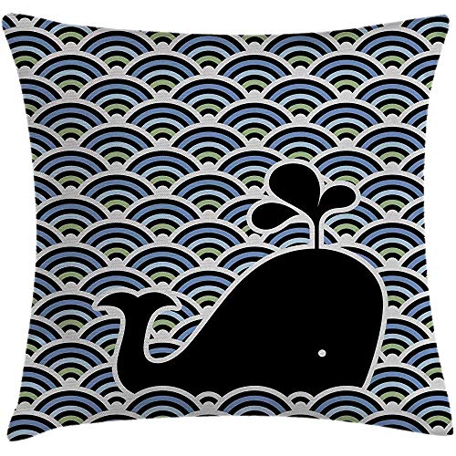 Funda de cojín de almohada de ballenas, ilustración náutica de olas oceánicas como motivos y silueta de pez, funda decorativa de almohada decorativa cuadrada, 18 'X 18', gris pálido y multicolor