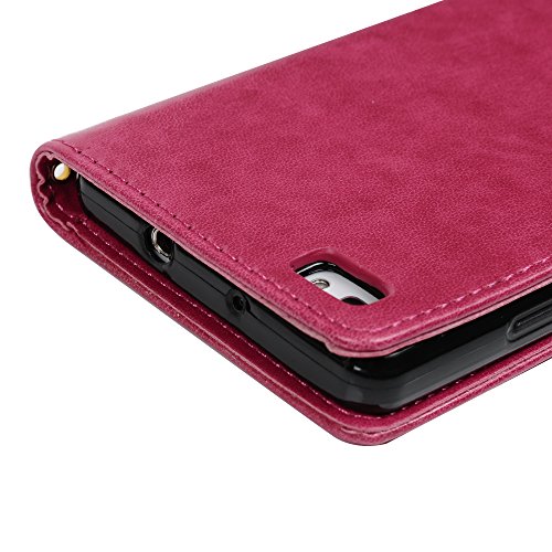 Funda Huawei P8 Lite (Versión 2015), Carcasa Libro PU Premium Leather Cuero impresión - Mavis's Diary Flip Case Cover Con TPU Goma Flexible,Cierre Magnético,Función de Soporte,Billetera con Tapa - Diseño de Mariposa y flor,Rosa Rojo