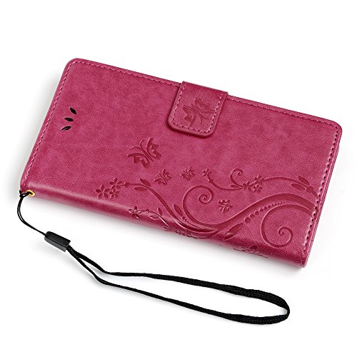 Funda Huawei P8 Lite (Versión 2015), Carcasa Libro PU Premium Leather Cuero impresión - Mavis's Diary Flip Case Cover Con TPU Goma Flexible,Cierre Magnético,Función de Soporte,Billetera con Tapa - Diseño de Mariposa y flor,Rosa Rojo