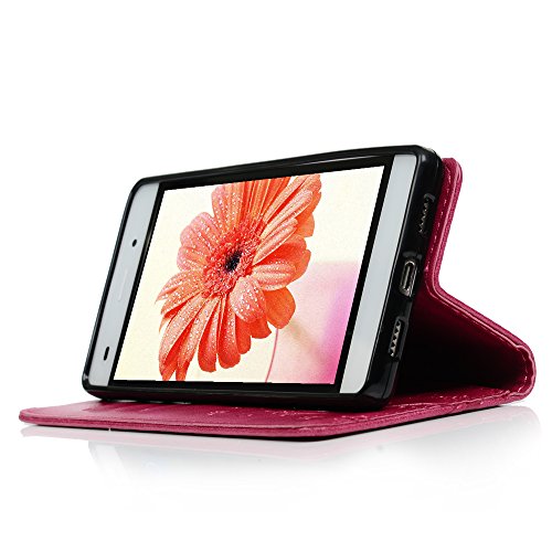 Funda Huawei P8 Lite (Versión 2015), Carcasa Libro PU Premium Leather Cuero impresión - Mavis's Diary Flip Case Cover Con TPU Goma Flexible,Cierre Magnético,Función de Soporte,Billetera con Tapa - Diseño de Mariposa y flor,Rosa Rojo