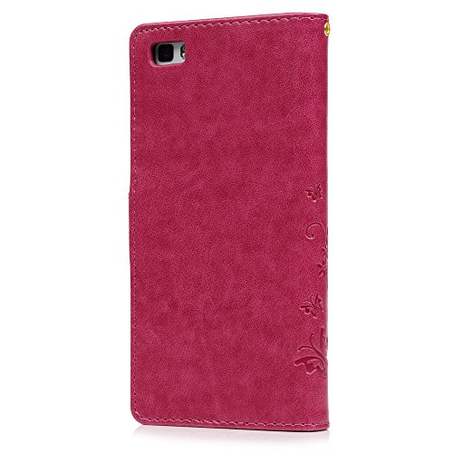 Funda Huawei P8 Lite (Versión 2015), Carcasa Libro PU Premium Leather Cuero impresión - Mavis's Diary Flip Case Cover Con TPU Goma Flexible,Cierre Magnético,Función de Soporte,Billetera con Tapa - Diseño de Mariposa y flor,Rosa Rojo