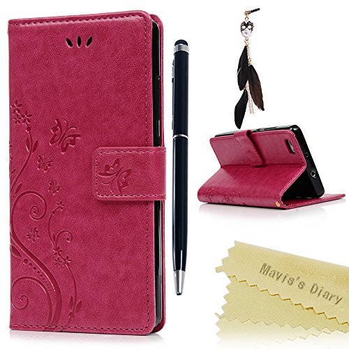 Funda Huawei P8 Lite (Versión 2015), Carcasa Libro PU Premium Leather Cuero impresión - Mavis's Diary Flip Case Cover Con TPU Goma Flexible,Cierre Magnético,Función de Soporte,Billetera con Tapa - Diseño de Mariposa y flor,Rosa Rojo