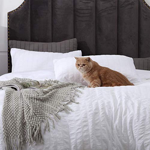 Funda nórdica Seersucker clásica blanca para adolescentes Adultos Juego de ropa de cama plisada con 2 fundas de almohada Funda clásica de edredón Fruncido y engarzado Tamaño doble 200 × 200 cm