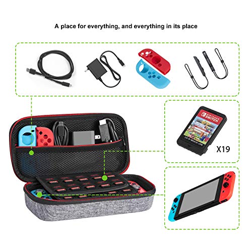 Funda para Nintendo Switch - Younik Versión mejorada Viaje rígida Case con más Espacio de almacenamiento para 19 Juegos, oficial adaptador de AC y otros accesorios Nintendo Switch - Gris