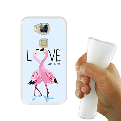 Funda Transparente para [ Huawei GX8 - G8 ] diseño [ Flamencos con Eslogan - Love Lasts Longer ] Carcasa Silicona Flexible TPU