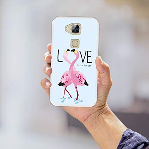 Funda Transparente para [ Huawei GX8 - G8 ] diseño [ Flamencos con Eslogan - Love Lasts Longer ] Carcasa Silicona Flexible TPU