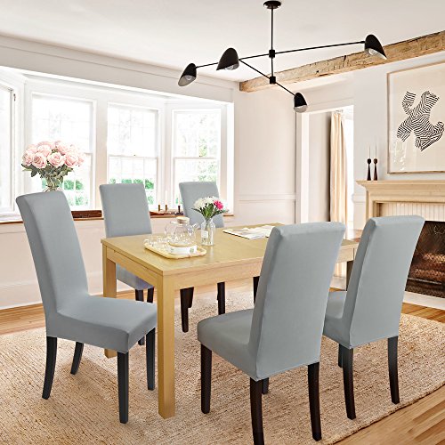 Fundas para sillas Pack de 6 Fundas sillas Comedor Fundas elásticas, Cubiertas para sillas,bielástico Extraíble Funda, Muy fácil de Limpiar, Duradera (Paquete de 6, Gris-Plateado)