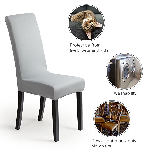 Fundas para sillas Pack de 6 Fundas sillas Comedor Fundas elásticas, Cubiertas para sillas,bielástico Extraíble Funda, Muy fácil de Limpiar, Duradera (Paquete de 6, Gris-Plateado)