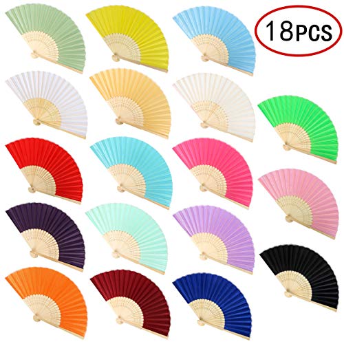 Funhoo 18pcs Seda Bambú Abanicos Plegable Mano Natural para Regalo de Boda de Iglesia Favores DIY Decoraciones en Verano Boda Fiesta (Multicolor)