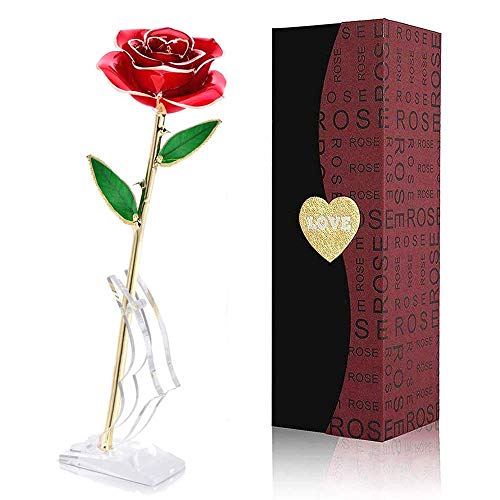 FUNINGEEK Rosa 24K,Rosa Eterna Flores Chapadas en Oro con Caja de Regalo para el Día de San Valentín Día de la Madre,Navidad,Aniversario,Esposa,Mom (Rojo)