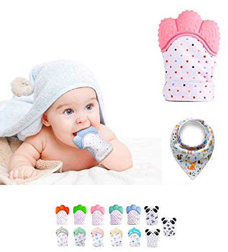 Funky Planet Baby dentición Manoplas, Protege Manos Bebés, Pain Relief Tranquilizadora de Edad + BUFANDAS (Pink)