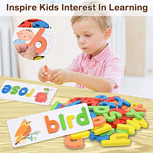 Funmo Alphabet Letter Word Match,Juego Educativo de Alfabetización en Inglés para Niños,Wooden Letters Puzzle Educational Toy,Alfabetos Tarjetas Flash,Aprender a Leer,Deletrear y Practicar para Niños