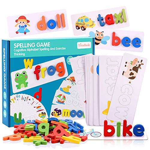 Funmo Alphabet Letter Word Match,Juego Educativo de Alfabetización en Inglés para Niños,Wooden Letters Puzzle Educational Toy,Alfabetos Tarjetas Flash,Aprender a Leer,Deletrear y Practicar para Niños