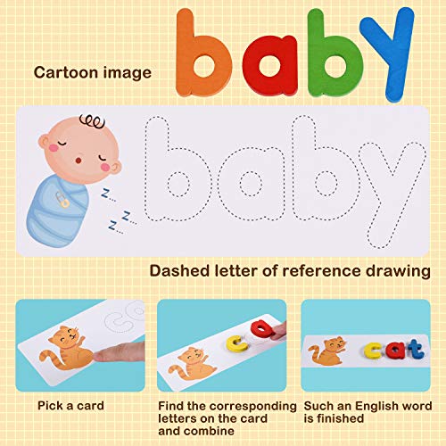 Funmo Alphabet Letter Word Match,Juego Educativo de Alfabetización en Inglés para Niños,Wooden Letters Puzzle Educational Toy,Alfabetos Tarjetas Flash,Aprender a Leer,Deletrear y Practicar para Niños